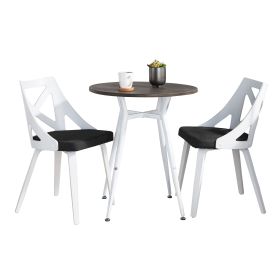 Clara-Charlotte Round Dinette Set in Vintage White Metal with Rounded Espresso Wood-Pressed Grain Bamboo Tabletop and White Textured Wood with Charcoa
