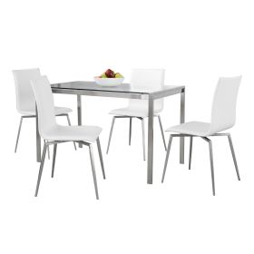 Fuji-Mason Upholstered Swivel Contemporary Dining Set in Brushed Stainless Steel, Clear Glass, and White Faux Leather by LumiSource - 5 Piece