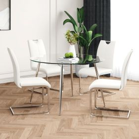 Modern simple round glass dining table, solid tempered glass tabletop, electroplated table legs, white PU dining chair set