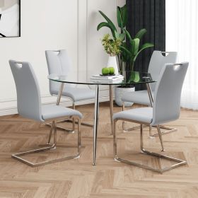 Modern simple round glass table, wear-resistant tempered glass countertop, electroplated table legs, Grey PU dining chair set